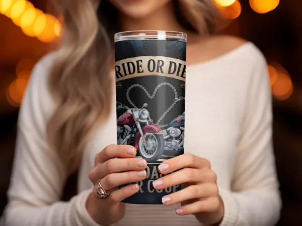 Ride or Die Badass Biker Couple Digital Tumbler 20oz Straight Tapered Commercial Use - Image 5